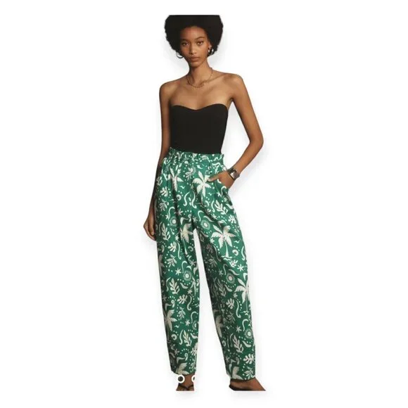 Anthropologie Corey Lynn Calter Green White Palm Print Paperbag Barrel Pants S/M - Picture 2 of 15